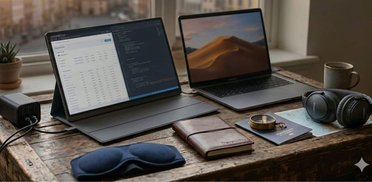 Foldable dual-screen portable monitors for remote work trips