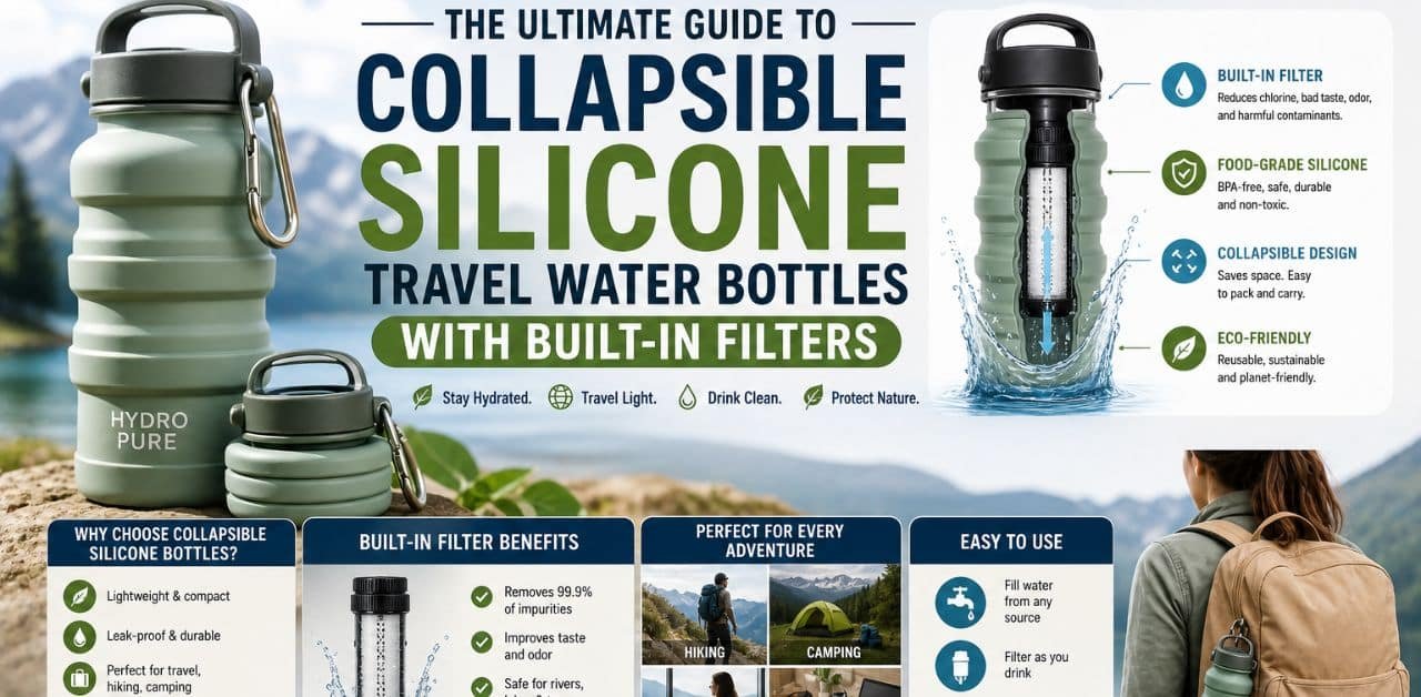 Collapsible silicone travel water bottles with built-in filters