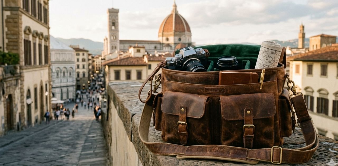 Vintage style leather camera bags for travel photographers